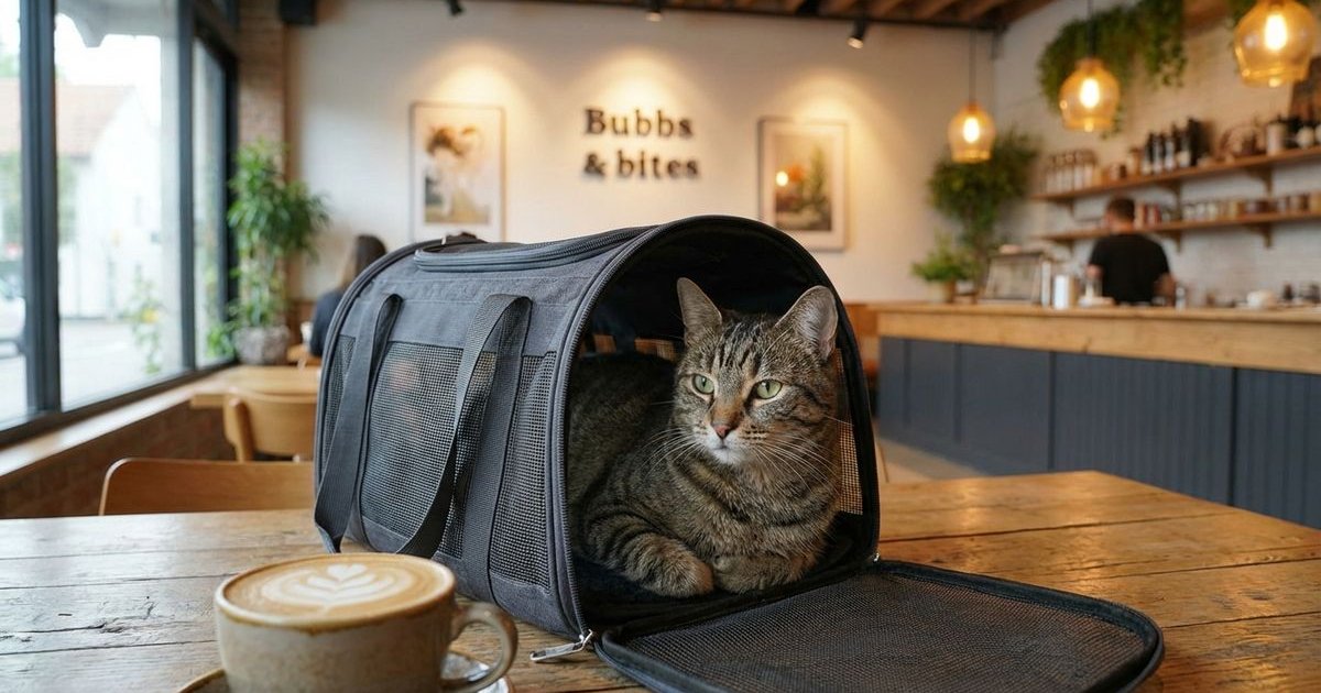 Cat in carrier enjoying a cafe outing with owner