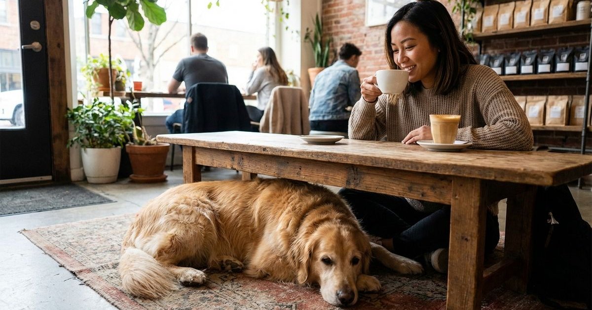 Well-behaved dog at a cafe table with owner