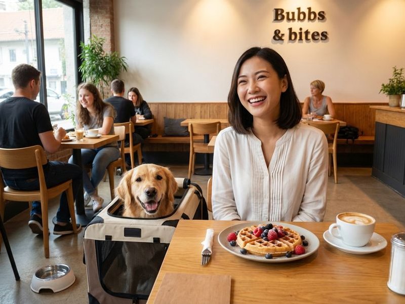 Customer enjoying brunch with her dog