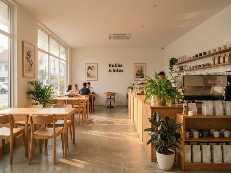 Muji-inspired cafe interior with natural lighting