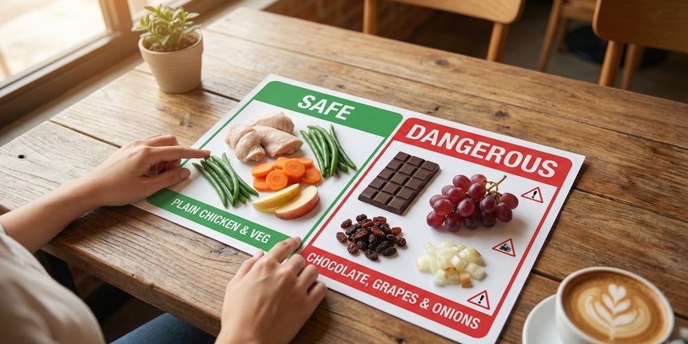 Various cafe foods laid out with green checkmarks on safe items and red x marks on dangerous items for dogs