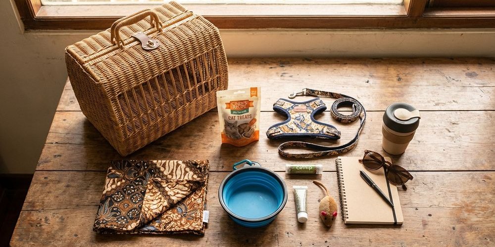 Flat lay of cat cafe essentials including carrier treats harness and portable litter box