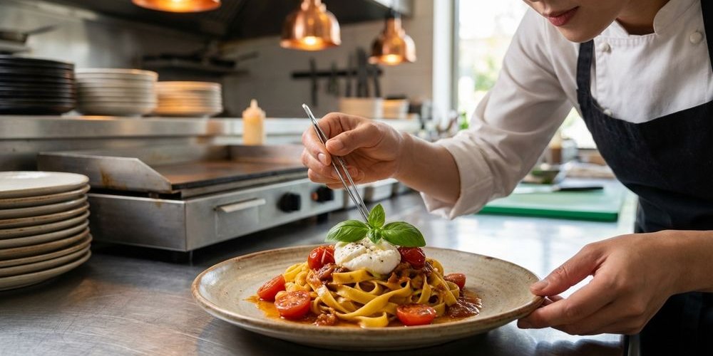 Chef plating pasta with precision adding final garnish of herbs in cafe kitchen setting