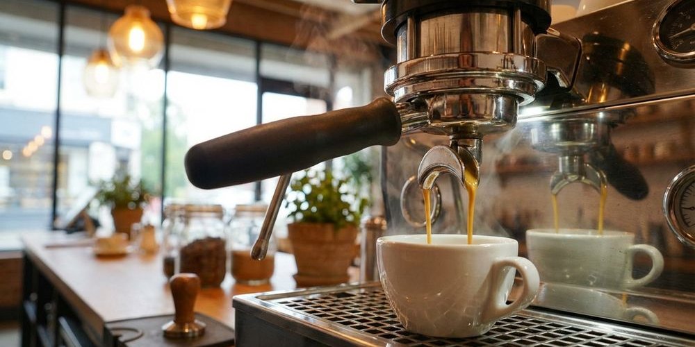 Espresso being extracted from professional machine showing golden crema and rich dark coffee