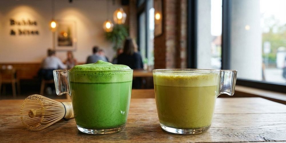 Side by side comparison of vibrant green quality matcha versus dull yellowish low quality matcha