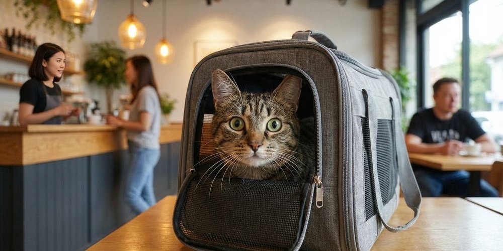 Content cat peeking out of pet carrier in cafe setting looking curious but calm