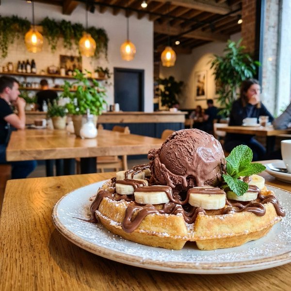 Sweet Bananutella waffle with ice cream