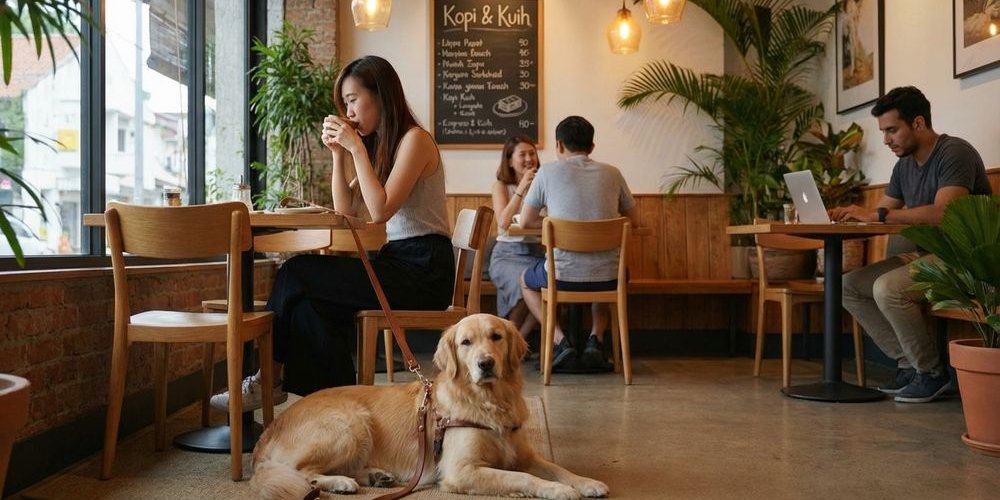 Owner keeping dog calm and close at cafe table respecting other diners space and comfort