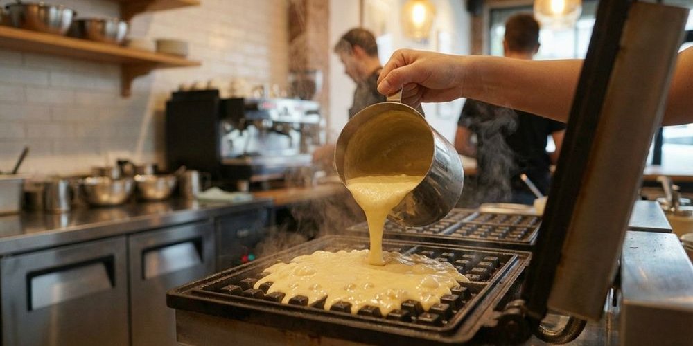 Close-up of waffle batter being poured into iron showing perfect consistency and kitchen preparation