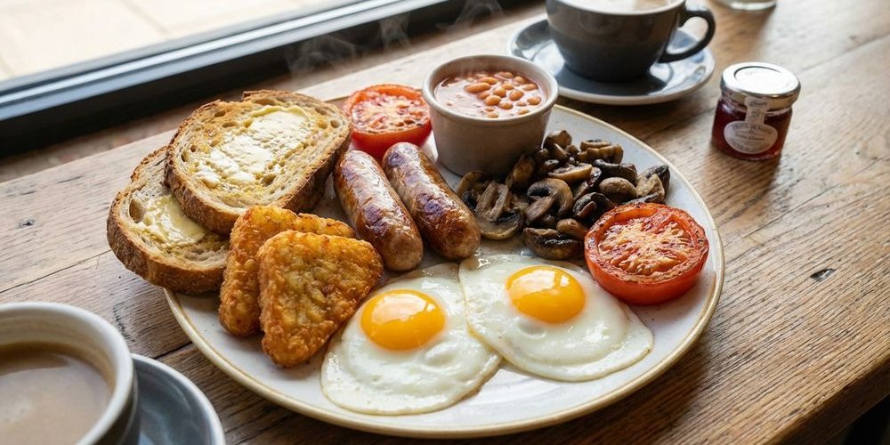Big breakfast plate beautifully arranged with eggs sausages toast and sides on rustic table