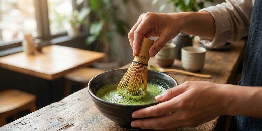 Skilled hands using bamboo whisk to create frothy matcha in traditional bowl showing proper technique