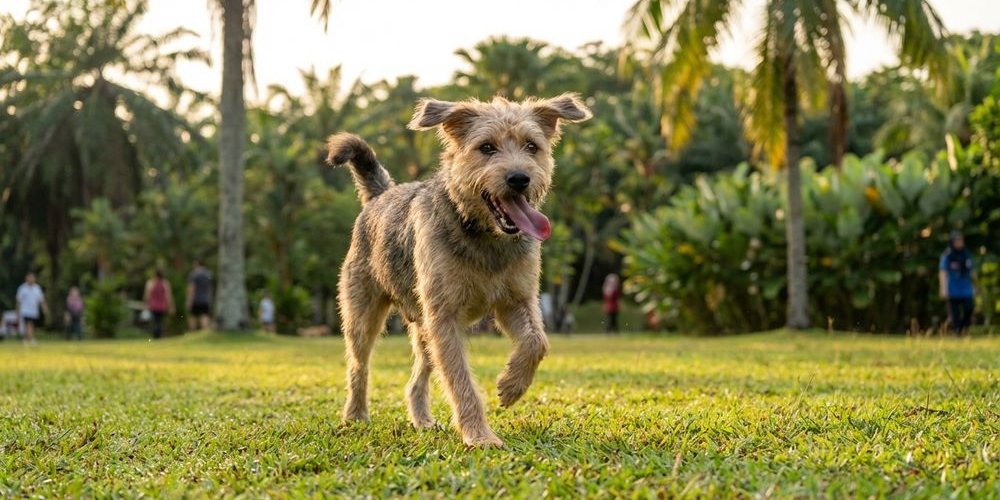 Owner walking energetic dog in park before heading to cafe for a calm dining experience