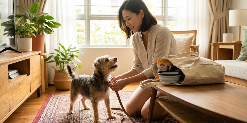 Owner preparing dog for cafe visit putting on harness and carrying treats and water bowl