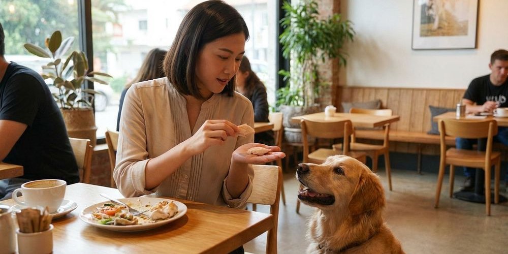 Owner giving dog a small safe treat from their plate while dining at pet-friendly cafe