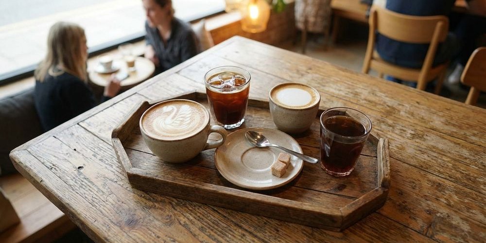 Variety of specialty coffee drinks arranged on wooden tray showing range from espresso to creative lattes