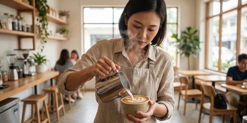 Barista carefully pouring steamed milk into espresso creating beautiful latte art in cozy cafe atmosphere