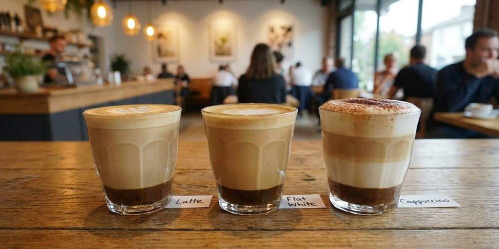 Diagram showing different milk coffee drinks with varying ratios of espresso milk and foam