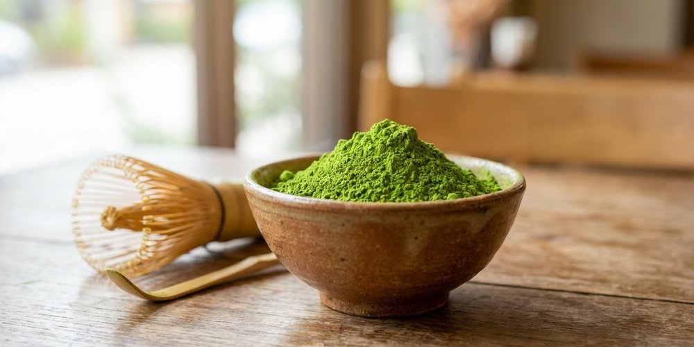 Close-up of vibrant green ceremonial grade matcha powder in traditional container showing fine texture