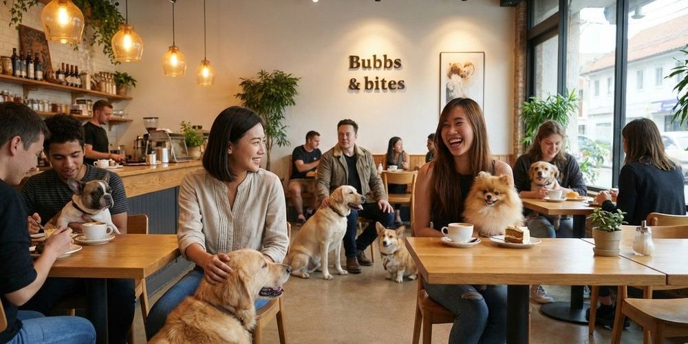 Cozy cafe interior with pet owners and their dogs enjoying brunch together in welcoming atmosphere