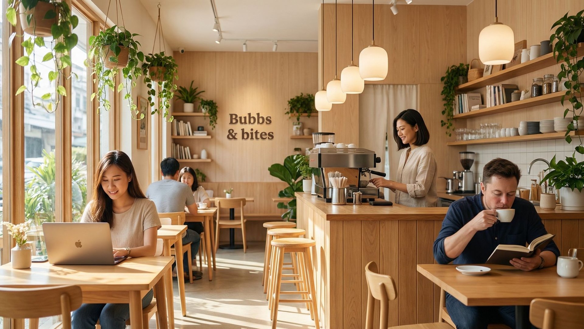 Cozy interior of Bubbs & Bites Cafe with warm lighting and minimalist design